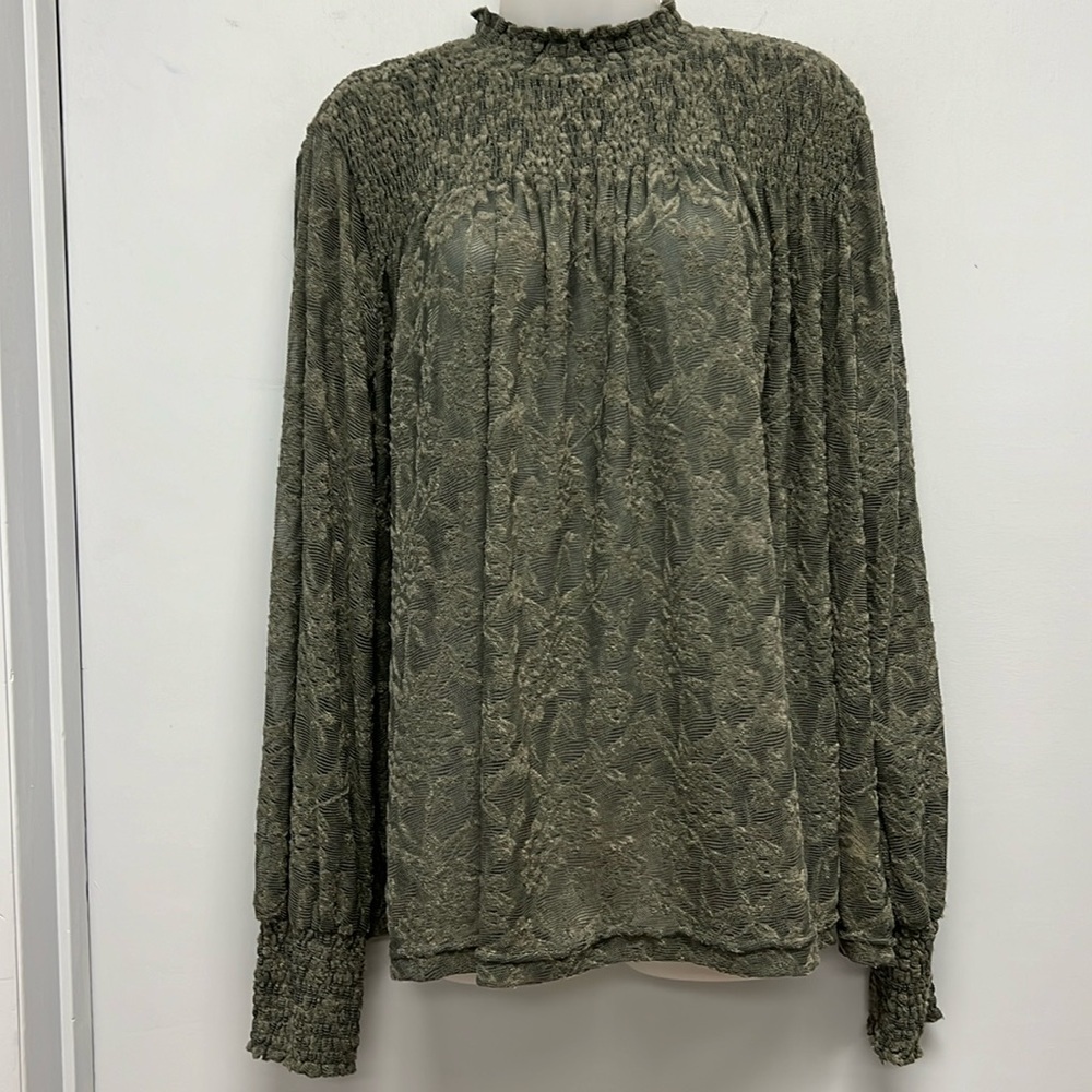 Olive Smocked Yoke Long Sleeve Top